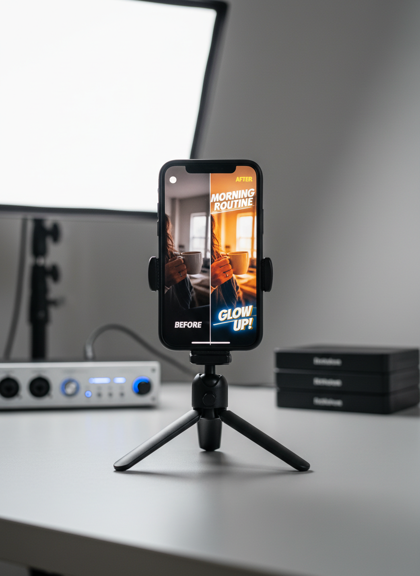 A vertical smartphone mounted in a compact tabletop tripod in front of a clean, neutral backdrop, its screen displaying a split-screen before-and-after of UGC video editing: on the left, dull and ungraded footage; on the right, vibrant colors, sharp captions, and dynamic motion graphics optimized for Instagram Reels. Behind the phone, blurred studio elements hint at a professional setup: a softbox light, an audio interface, and neatly stacked external drives. Bright, even softbox lighting illuminates the phone’s glossy edges and casts a subtle reflection on the matte desk surface. Photographic realism with a centered, vertical composition and shallow depth of field communicates transformation, accessibility, and high-impact results for social media content.