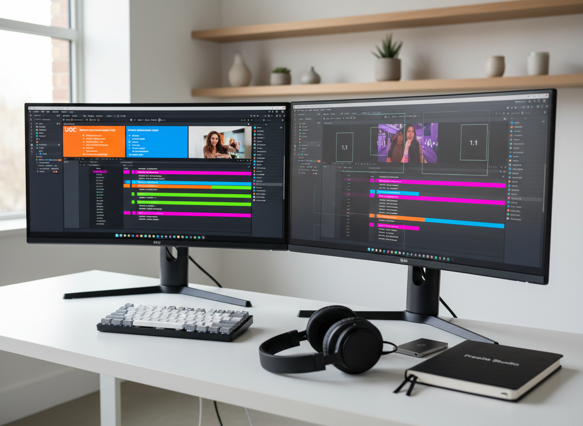A sleek dual-monitor video editing workstation on a minimalist white desk, each ultra-wide screen displaying a colorful timeline of UGC clips, captions, and social media aspect ratio guides. Beside the keyboard, a branded notebook with “Freelia Studio” embossed in silver lies next to high-quality studio headphones and an external SSD. The environment is a clean, modern studio with light oak shelving, subtle greenery, and neatly coiled cables. Soft, diffused daylight from a large side window illuminates the scene, creating gentle reflections on the monitor bezels. Shot at eye level with photographic realism, using a shallow depth of field to keep the central screen in sharp focus while the background falls into a soft, professional blur, conveying precision, speed, and digital creativity.